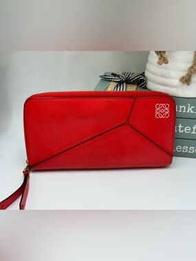Loewe Puzzle Zip Around Wallet Red Leather Long Continental Wallet with Dustbag